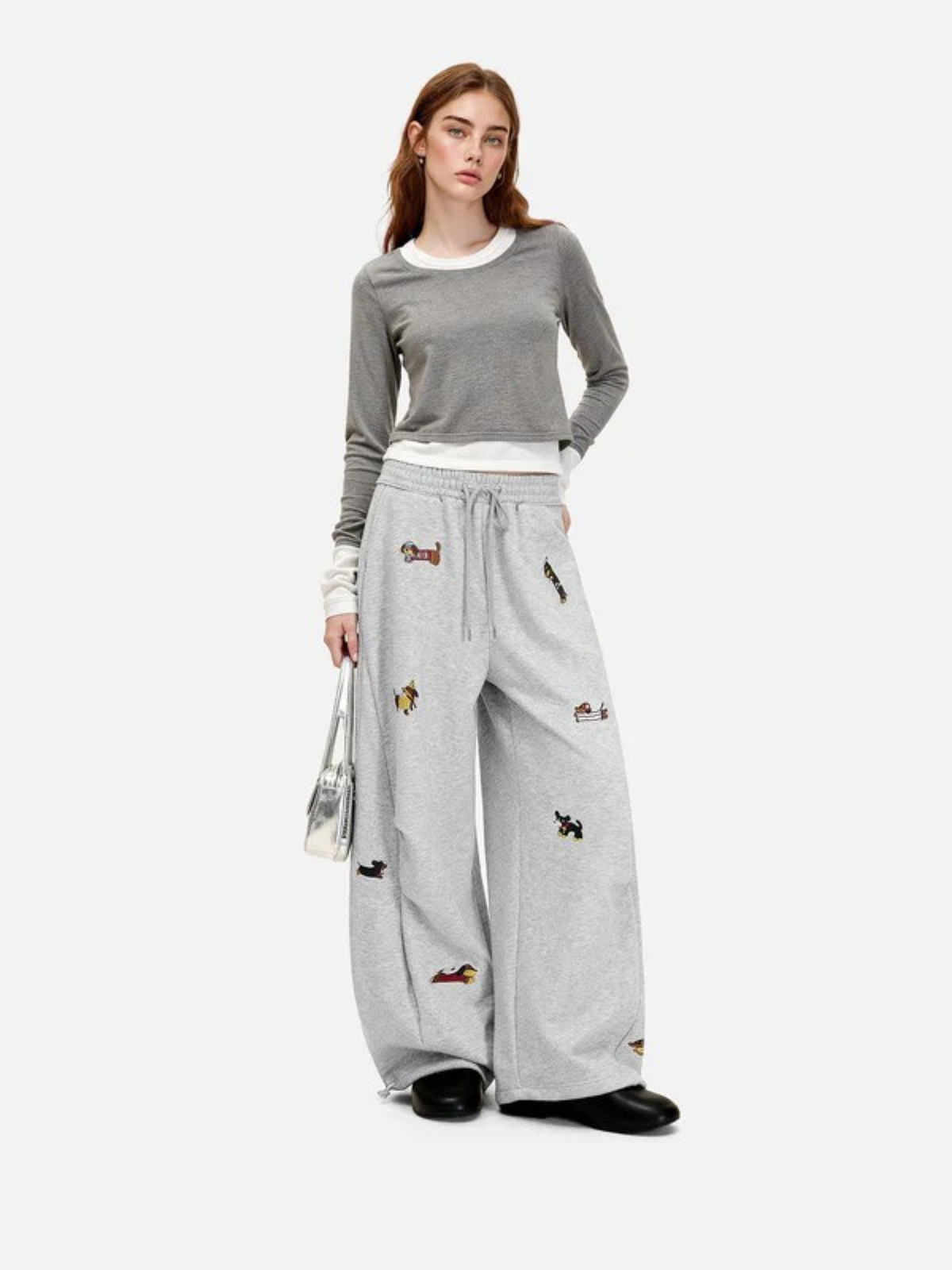 Women's Barrel-Leg Joggers | High-Waisted with Embroidered Dog