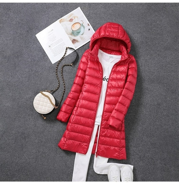 Lang dunjakke til kvinder | Varm vinterjakke med hætte