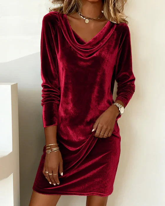 Luxe Fluwelen Jurk Voor Dames | Elegante Jurk Met Gedrapeerde Halslijn