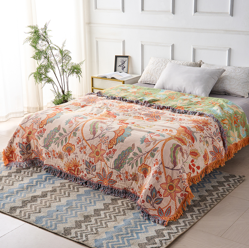 Rustikt boho-tæppe med blomster | plaid i 100 % bomuld