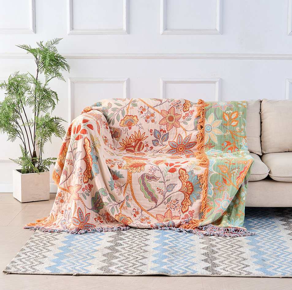 Rustikt boho-tæppe med blomster | plaid i 100 % bomuld