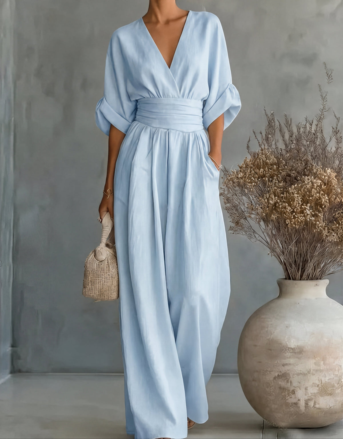 Elegante Damesjumpsuit Met Overslag | Wijde Pijpen & V-Hals