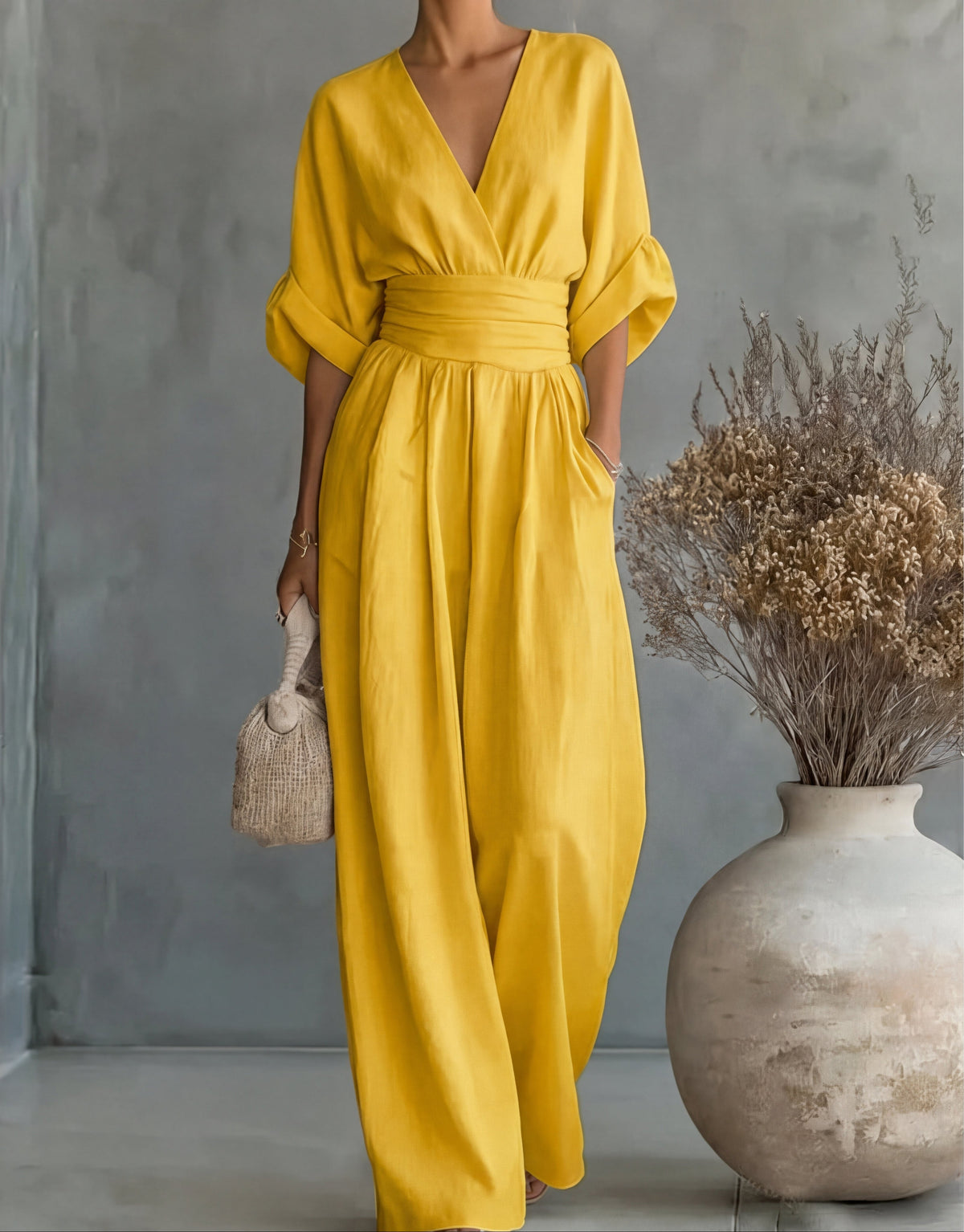 Elegante Damesjumpsuit Met Overslag | Wijde Pijpen & V-Hals