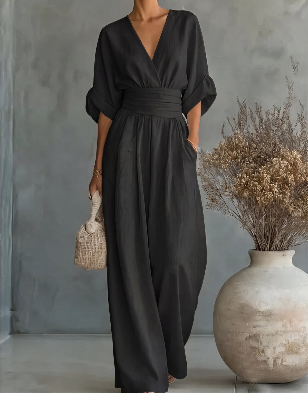 Elegante Damesjumpsuit Met Overslag | Wijde Pijpen & V-Hals