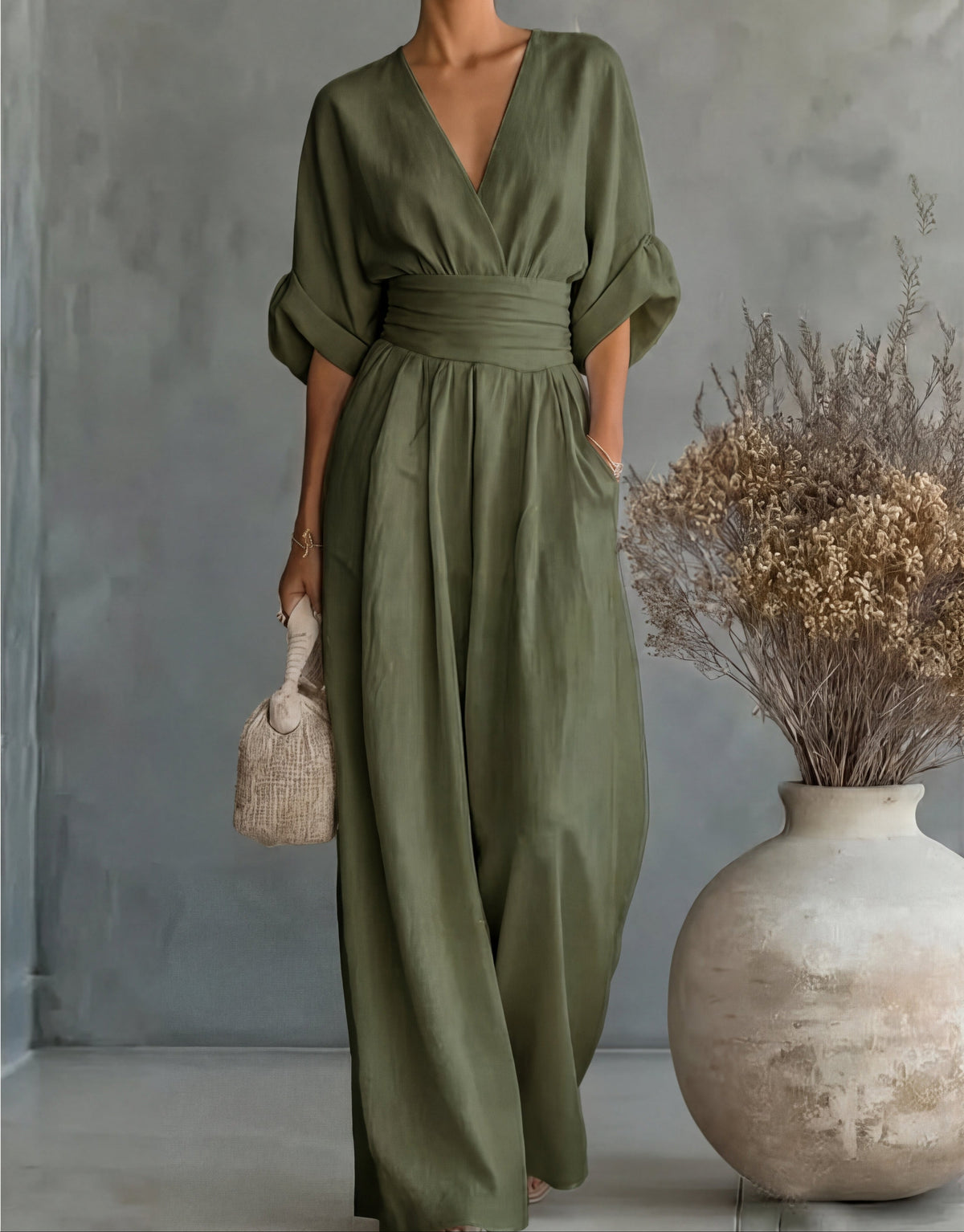 Elegante Damesjumpsuit Met Overslag | Wijde Pijpen & V-Hals
