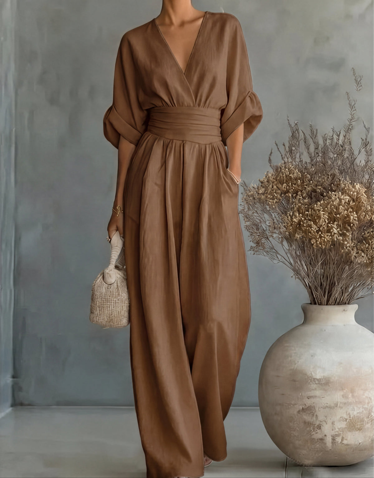 Elegante Damesjumpsuit Met Overslag | Wijde Pijpen & V-Hals