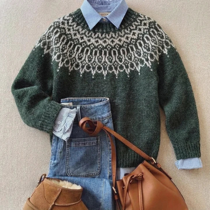 Sweter nordycki z okrągłym dekoltem | Klasyczny vintage'owy sweter dzianinowy