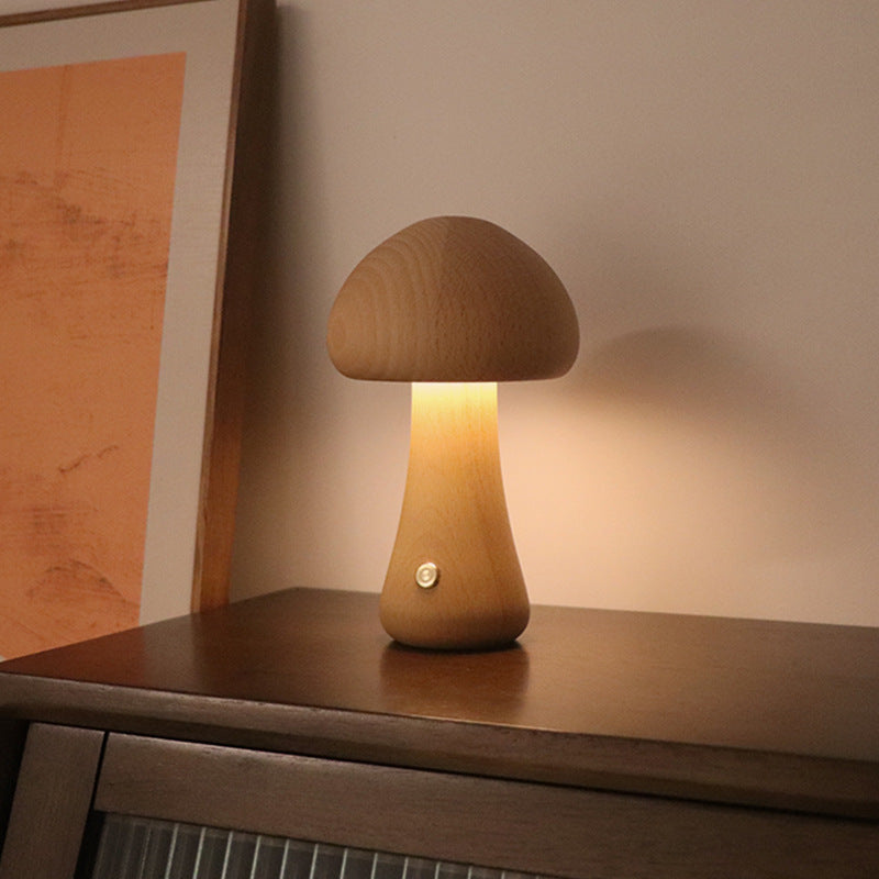 Paddenstoelvormige Oplaadbare Tafellamp | Dimbare Houten Lamp