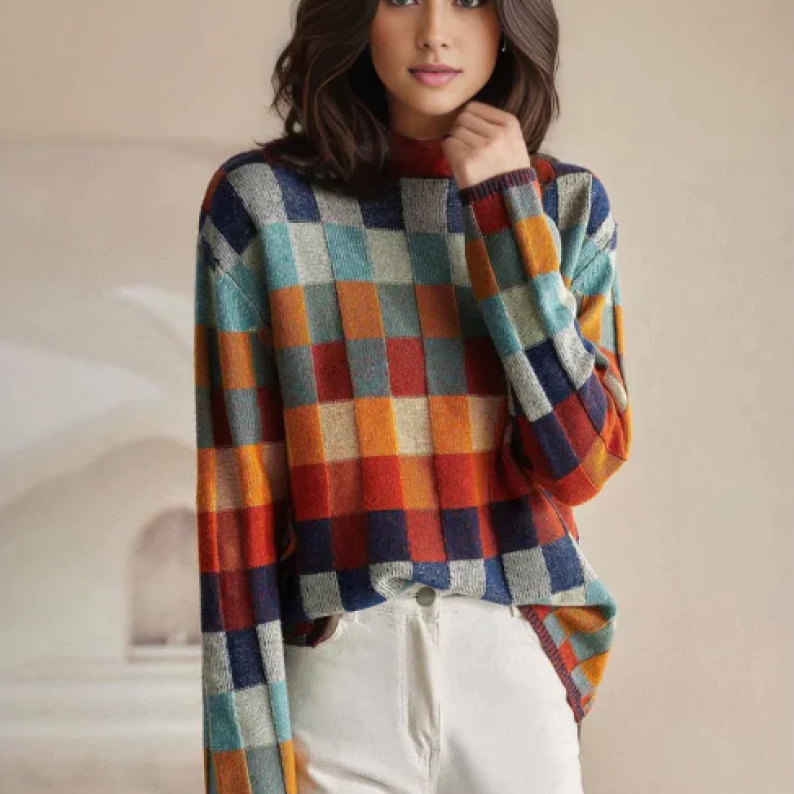 Col roulé doux en patchwork pour femme | Pull chaud en maille bouclée