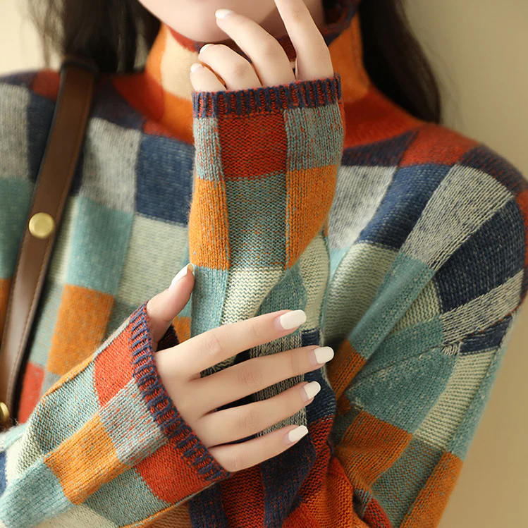 Col roulé doux en patchwork pour femme | Pull chaud en maille bouclée