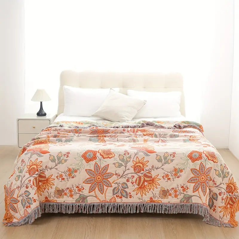 Rustikt boho-tæppe med blomster | plaid i 100 % bomuld