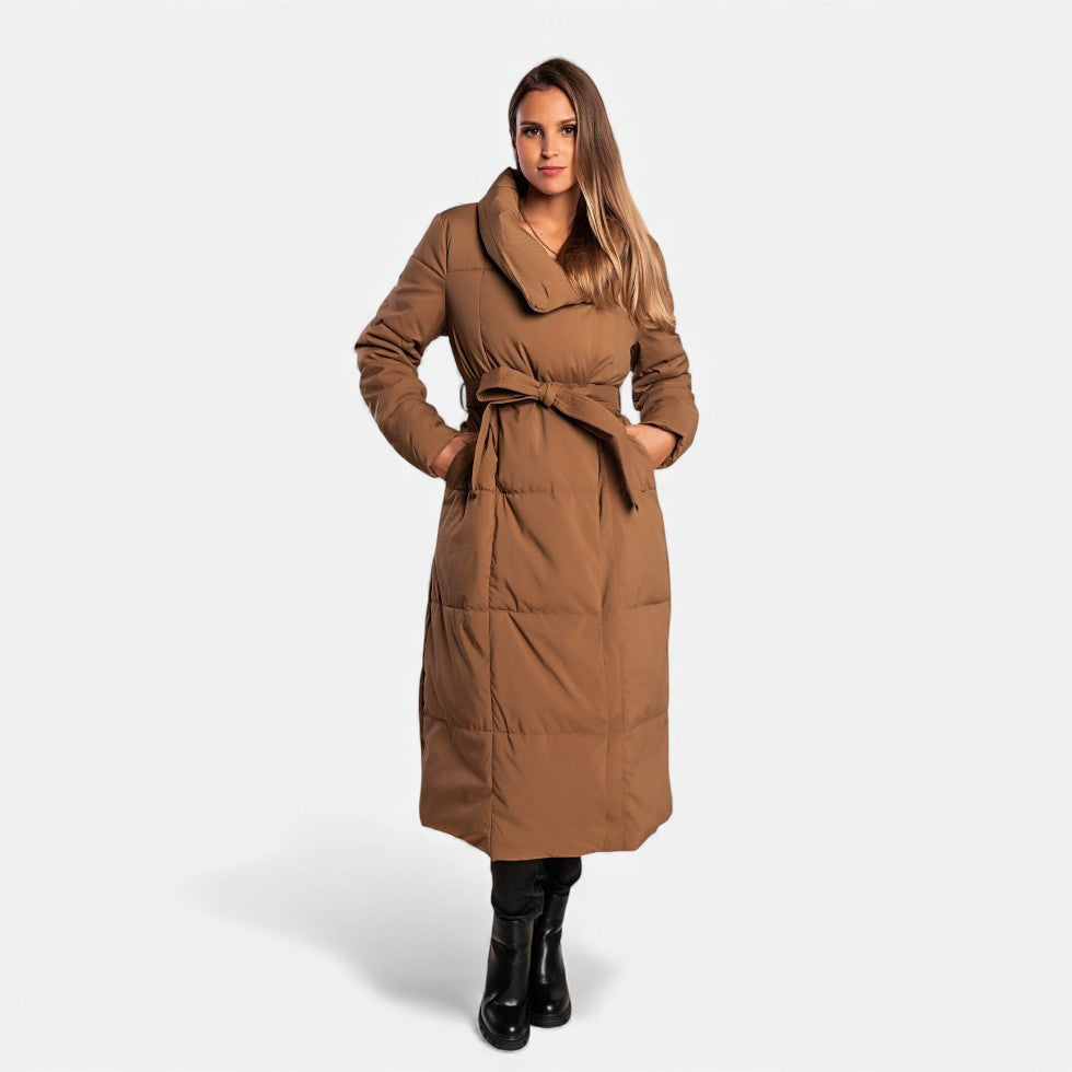 Chaqueta acolchada larga de mujer con cinturón | Elegante chaqueta de invierno