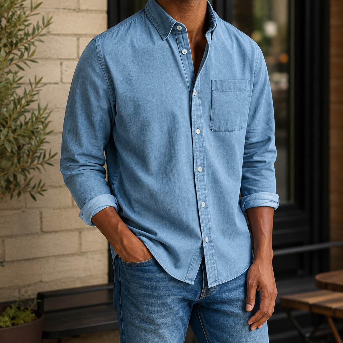 Chemise pour homme à manches longues | Chemise décontractée en chambray et coton mélangé