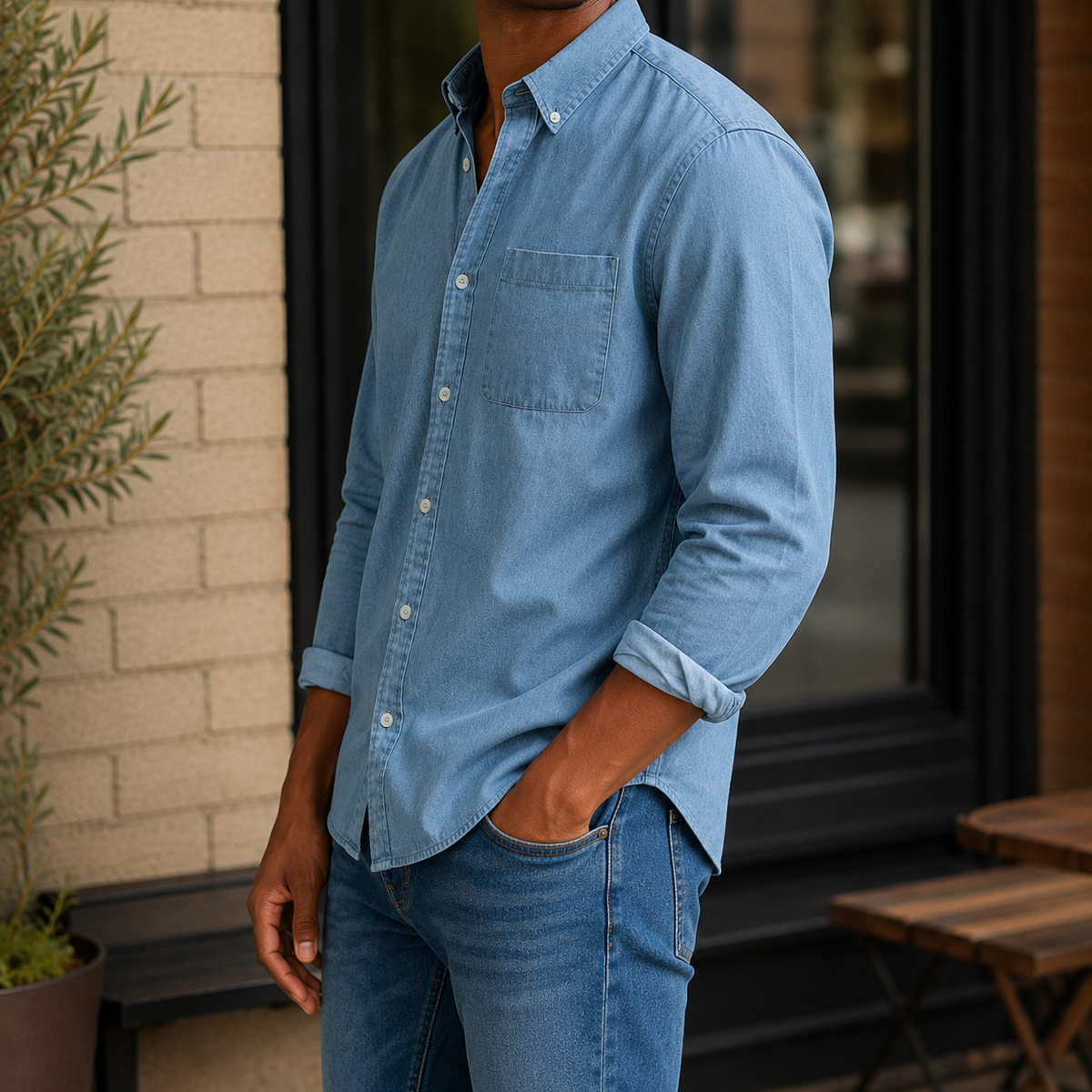 Chemise pour homme à manches longues | Chemise décontractée en chambray et coton mélangé