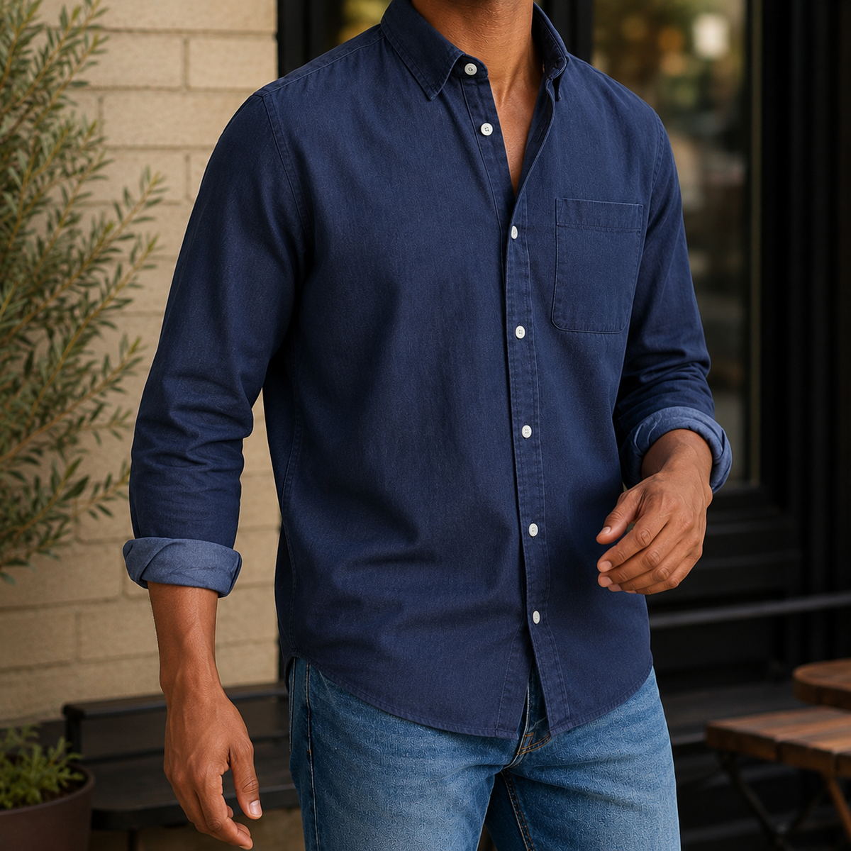 Chemise pour homme à manches longues | Chemise décontractée en chambray et coton mélangé