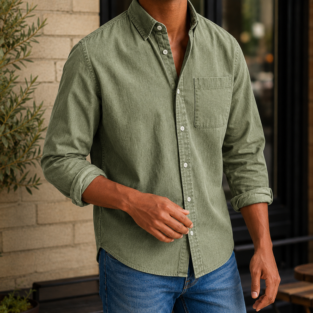 Chemise pour homme à manches longues | Chemise décontractée en chambray et coton mélangé