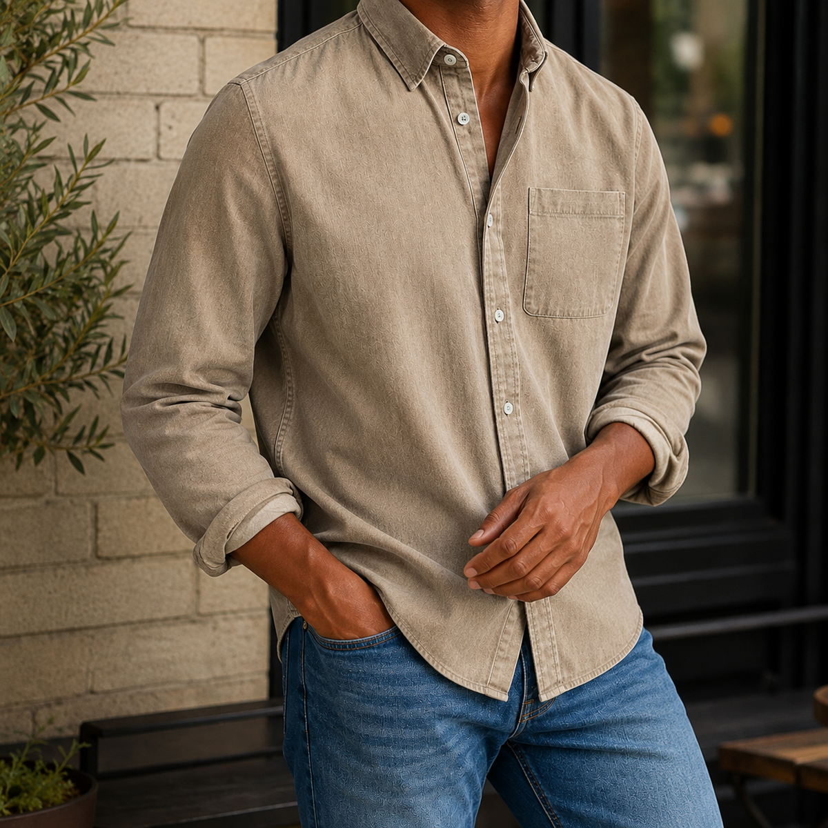 Chemise pour homme à manches longues | Chemise décontractée en chambray et coton mélangé