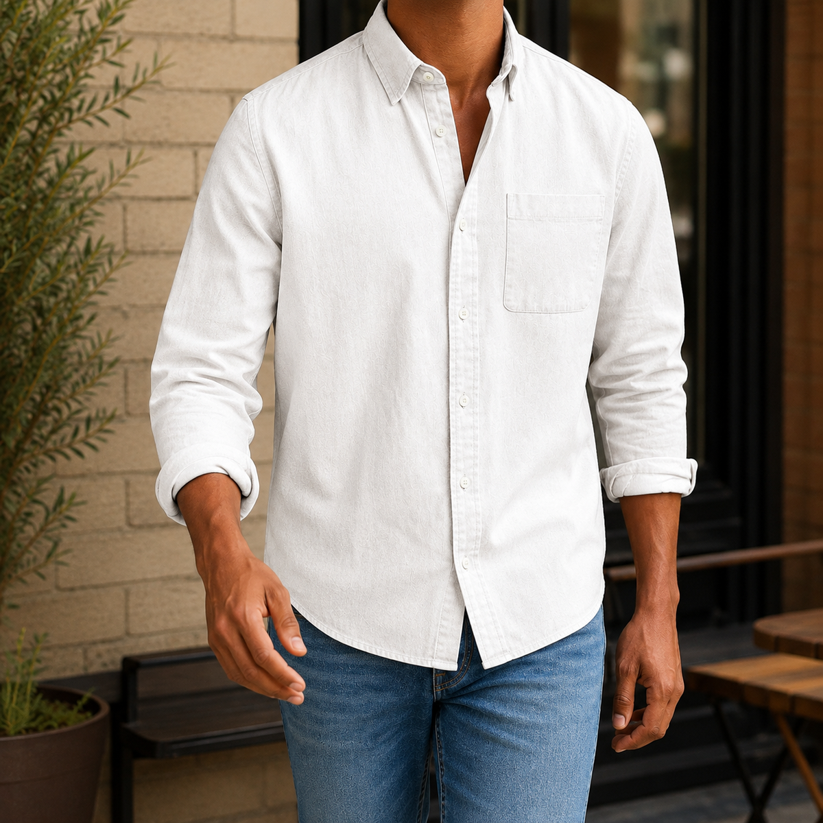 Chemise pour homme à manches longues | Chemise décontractée en chambray et coton mélangé