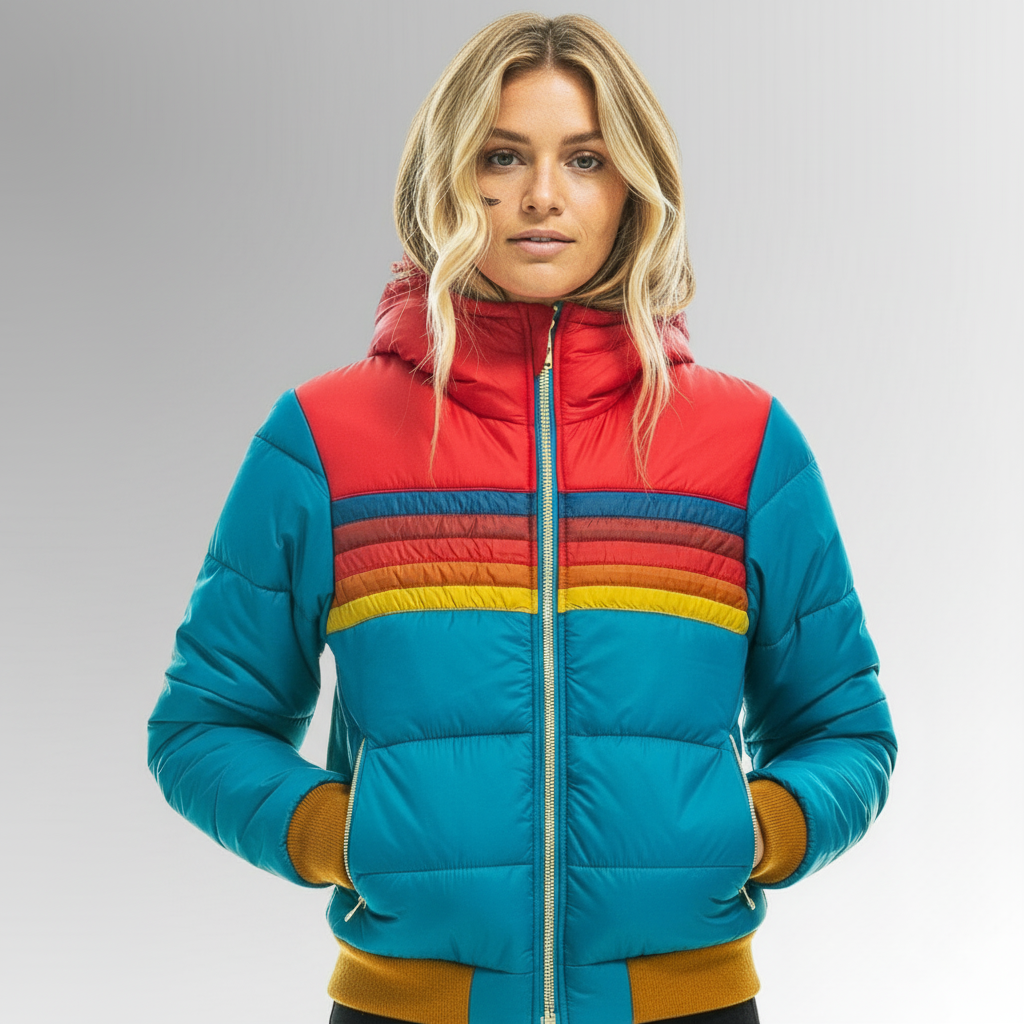Retro Pufferjakke med Varme Striber – Farverig Vinterjakke til Damer