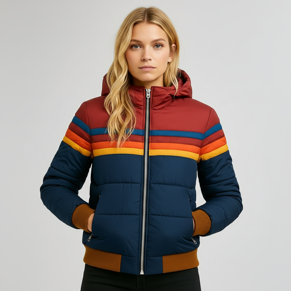 Retro Pufferjakke med Varme Striber – Farverig Vinterjakke til Damer