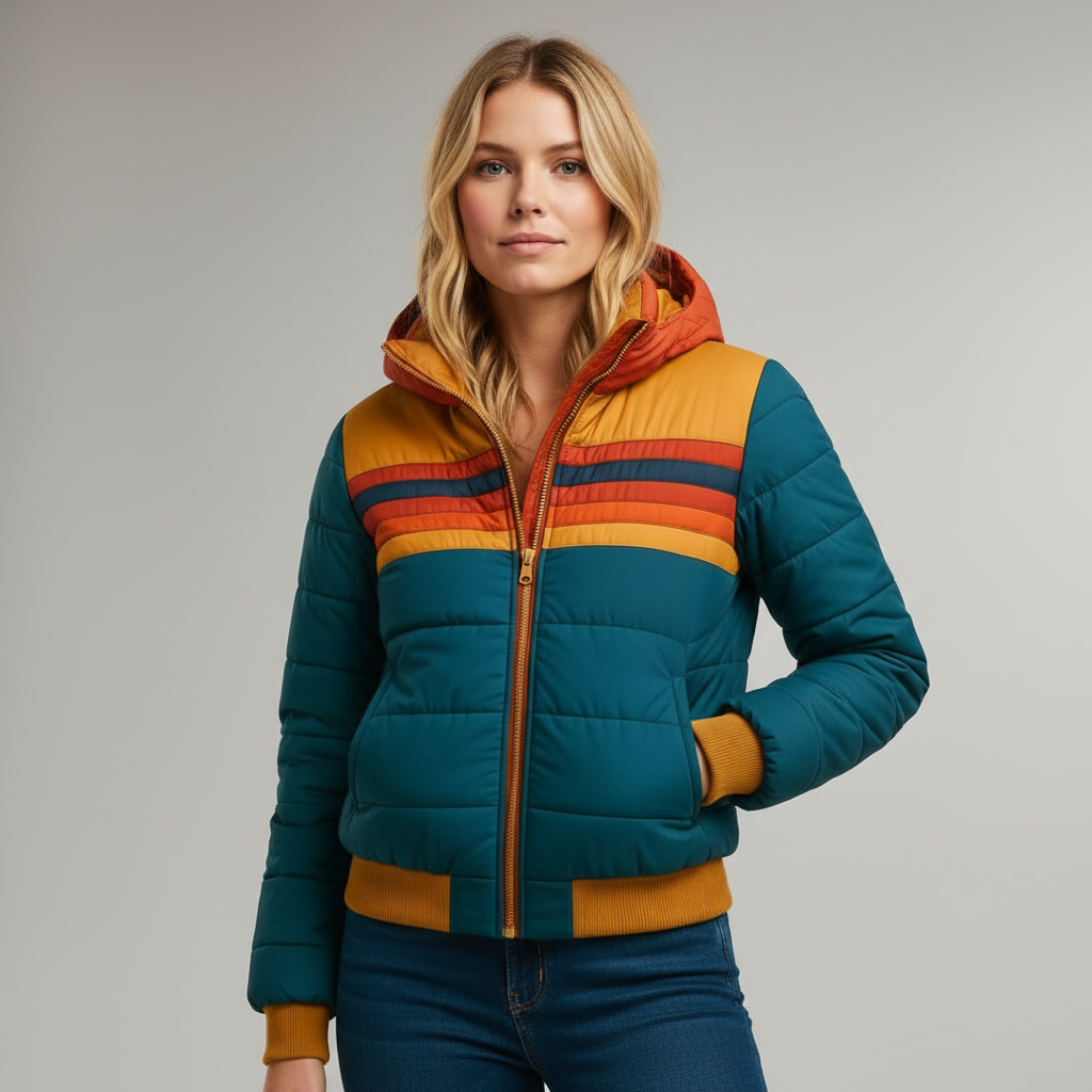 Retro Pufferjack met Warme Strepen – Kleurrijke Winterjas voor Dames