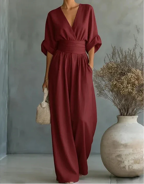 Elegante Damesjumpsuit Met Overslag | Wijde Pijpen & V-Hals